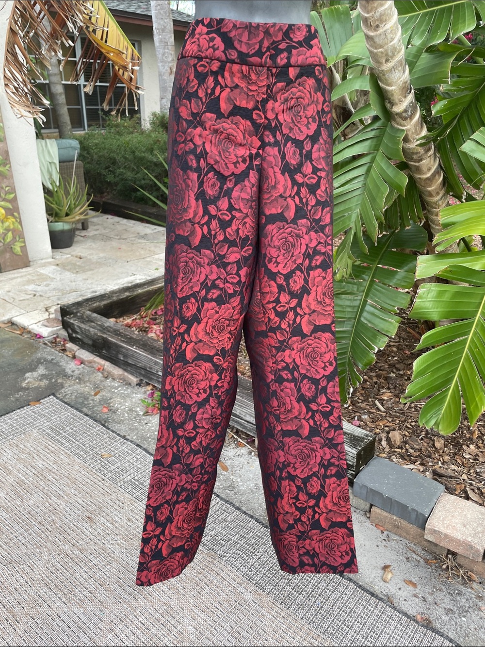 metallic, dark floral brocade boot cat pants